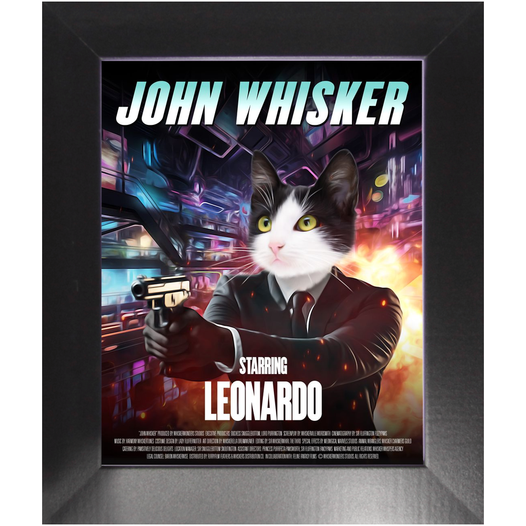 JOHN WHISKER Movie Poster - John Wick Inspired Custom Pet Portrait Framed Satin Paper Print