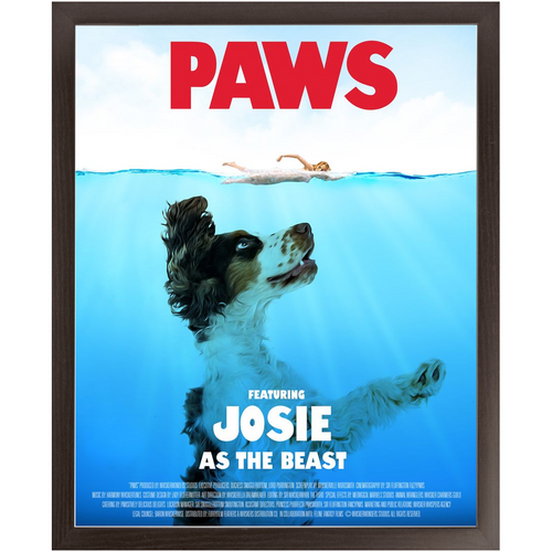 PAWS Movie Poster - Jaws Inspired Custom Pet Portrait Framed Satin Paper Print