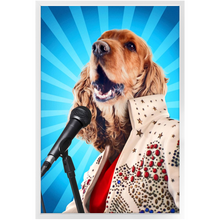 Load image into Gallery viewer, Blue Suede Chew Toy - Elvis Presley, Rock &amp; Roll Inspired Custom Pet Portrait Framed Satin Paper Print