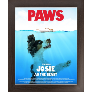 PAWS Movie Poster - Jaws Inspired Custom Pet Portrait Framed Satin Paper Print
