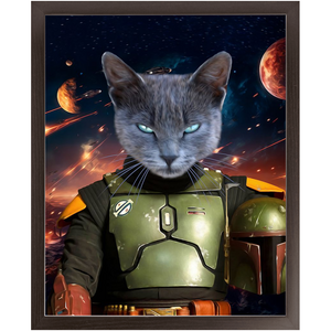 BOB AND FETCH IN SPACE - Boba Fett & Star Wars Inspired Custom Pet Portrait Framed Satin Paper Print
