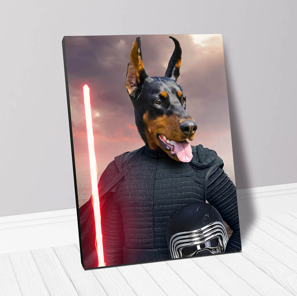 Custom Pet portrait - doberman as a sith lord with red light sabre