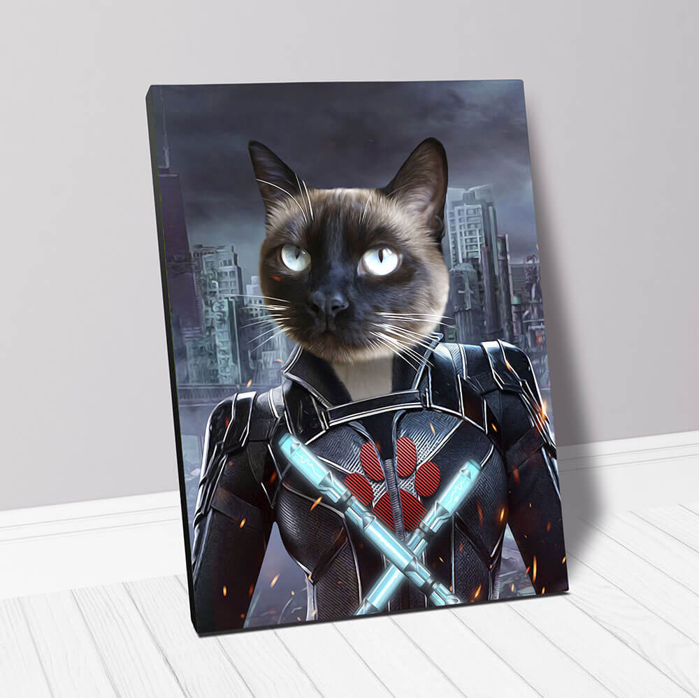 Cat in Super hero Costume inspired by Black Widow - Custom Cat Portrait on Canvas