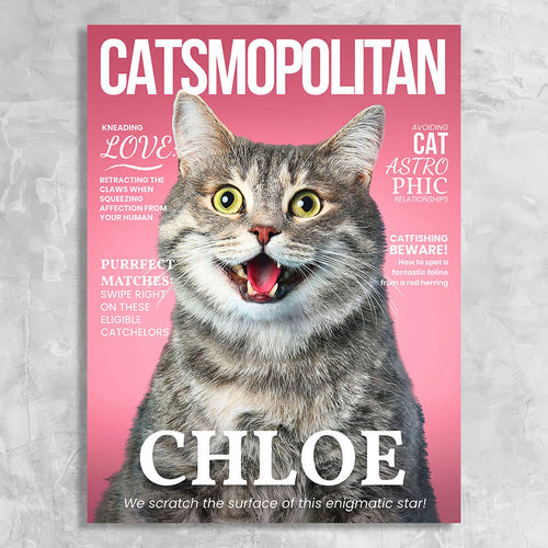 Catsmopolitan Magazine Cover Featuring a Cat with imaginary article titles- Personalized Gift for Cat Owners