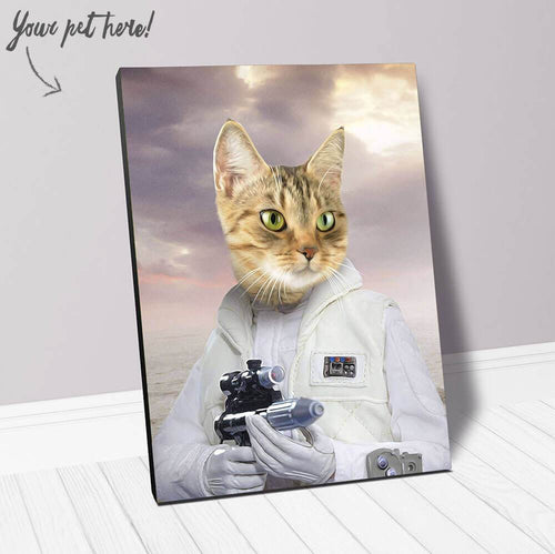 Personalized Cat portrait in star wars costume inspired by Princess Leia holding a gun