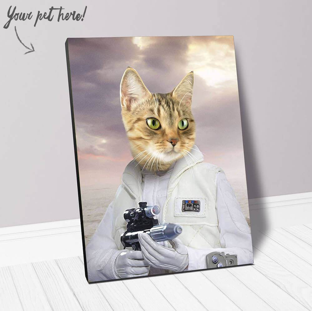 Personalized Cat portrait in star wars costume inspired by Princess Leia holding a gun