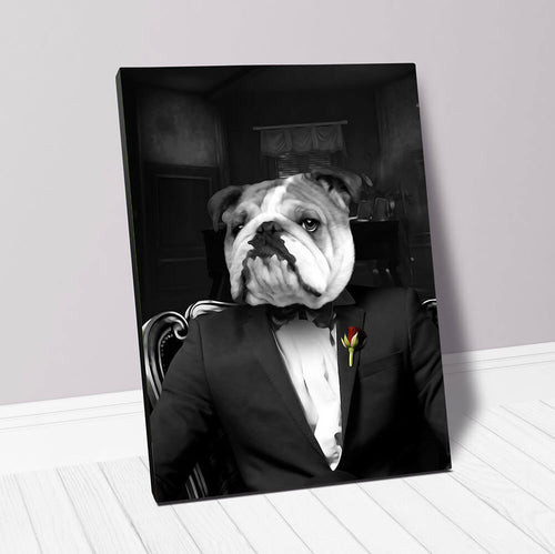 dog portrait in black tuxedo suit