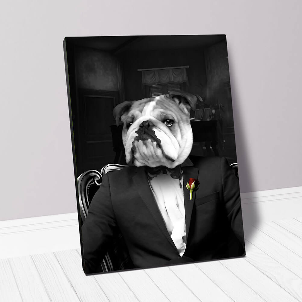 dog portrait in black tuxedo suit