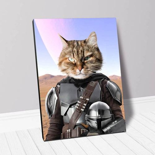 Cat in Grey Body Armour Costume inspired by Mandalorian & Star Wars - Custom Cat Portrait on Canvas