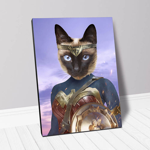 Cat in Super hero Costume inspired by Wonder Woman - Custom Cat Portrait on Canvas