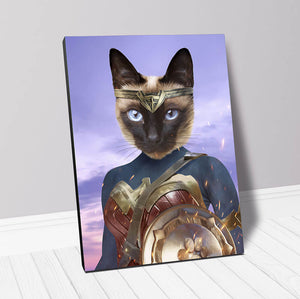 Cat in Super hero Costume inspired by Wonder Woman - Custom Cat Portrait on Canvas